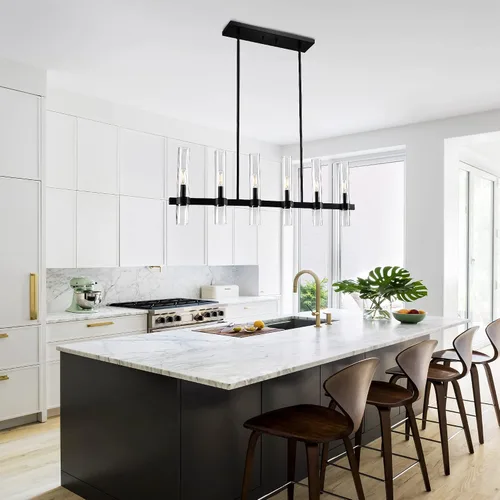 Vista 7 de Untrammelife Lámpara de Isla Lineal Moderna, Candelabro Grande Negro de 6 Luces de 36" de Ancho, Lámpara Colgante Rectangular con Pantalla de Vidrio