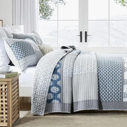 Vista 3 de KALOOLA - Juego de ropa de cama con colcha acolchada de retazos tamaño queen, 100% algodón, colcha ligera con 2 fundas de almohada, colcha
