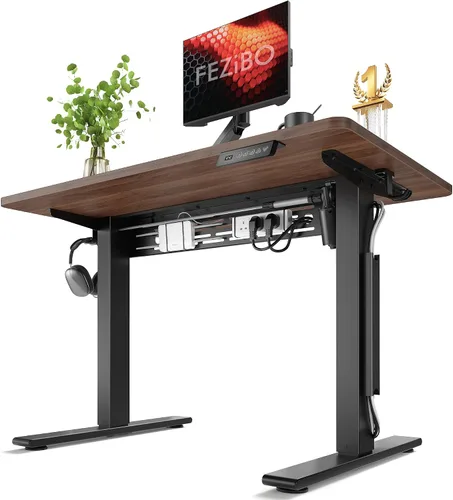 Vista 10 de FEZIBO Escritorio eléctrico de pie con barra transversal en forma de L y sistema de gestión de cables, escritorio de pie de 48 x 24 pulgadas