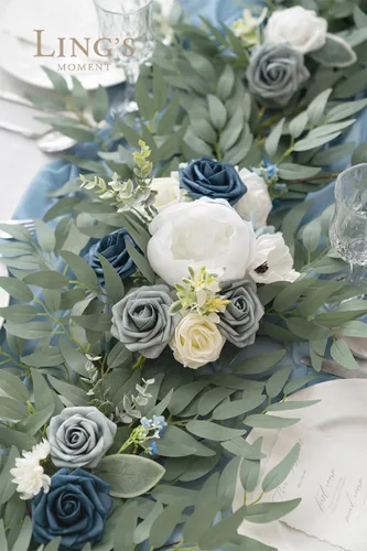 Vista 7 de Ling's moment Dusty Blue Artificial Flower Garland Wedding Arch 6 FT Azul polvoriento y azul marino
