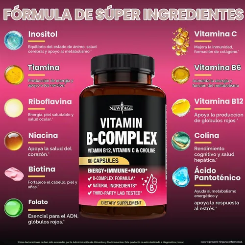Vista 3 de Complejo de vitamina B para hombres y mujeres - Hecho en Estados Unidos - Complejo B: B1, B2, B3, B5, B6, B7, B8, B9, B12 con vitamina C, colina