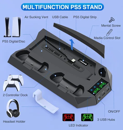 Vista 2 de Soporte PS5 con estación de carga de controlador PS5, estación de refrigeración para Playstation 5, PS5, consola de disco edición digital