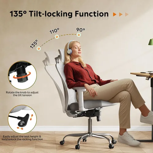 Vista 13 de DEVAISE - Silla ergonómica de oficina de malla con reposacabezas 3D ajustable y función de inclinación, silla reclinable grande y alta y cómoda