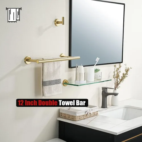 Vista 5 de JQK Barra Doble para Toallas Dorada, 15 Pulgadas de Acero Inoxidable 304 Gruesa de 0.8mm Soporte para Toallas para Baño y Toallas de Mano, Montaje
