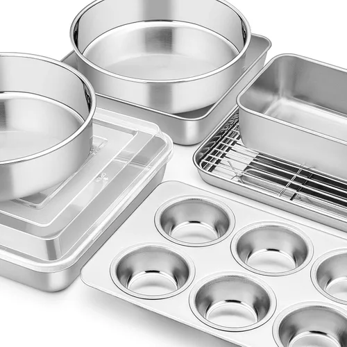 Vista 8 de E-far Juego de 9 moldes para hornear de acero inoxidable, juego de 9 piezas para panecillos de galletas, incluye bandeja redonda y cuadrada