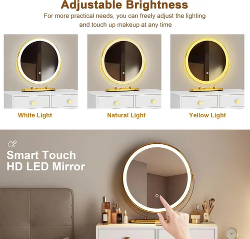 Vista 4 de SDHYL Juego de tocador con espejo y luces, tocador de maquillaje con espejo giratorio circular, tocador blanco con mucho almacenamiento, 3 modos