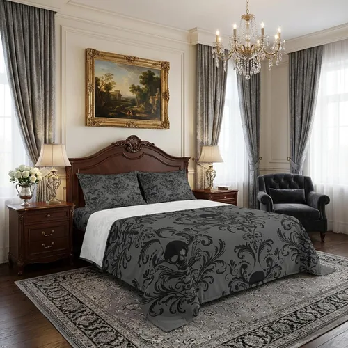 Vista 39 de Erosebridal Juego de sábanas góticas de damasco para adultos, juego de sábanas victorianas antiguas, tamaño individual, sábanas góticas florales