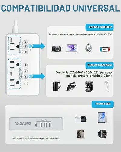 Vista 5 de Convertidor de voltaje de 220 V a 110 V de EE. UU. a Europa, convertidor de voltaje de 2000 W para viajes europeos con 3 puertos AC 2 USB-C 2 USB-A