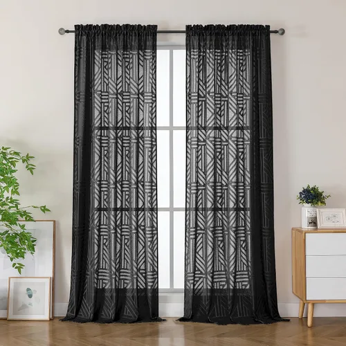 Vista 77 de Simplebrand Cortinas traslúcidas negras de cocina de 24 pulgadas de largo, 2 paneles, filtrado de luz, geométrico jacquard con textura, cortinas
