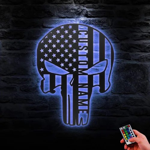 Vista 3 de Letrero de nombre personalizado con luz LED, 16 colores, diseño de calavera de castigador estadounidense, arte de pared de metal americano, luz LED