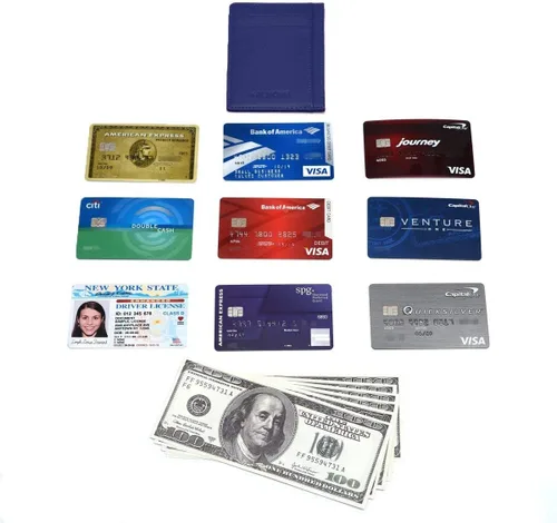 Vista 7 de Tarjetero para tarjetas de crédito, de cuero, delgada, minimalista, con bloqueo de RFID, talla única , Azul
