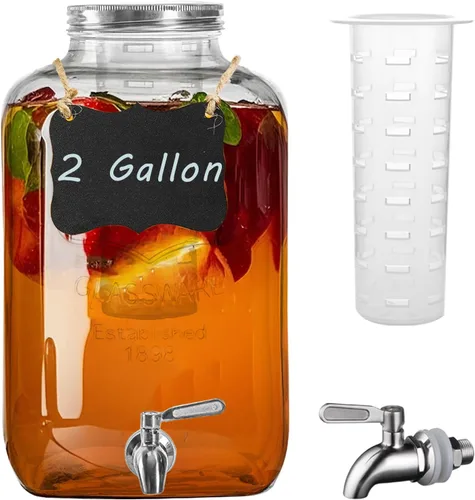 Vista 8 de dispensador de bebidas de vidrio de 1 galón con soporte, paquete de 2 dispensadores de vidrio con llave de acero inoxidable, dispensador de agua