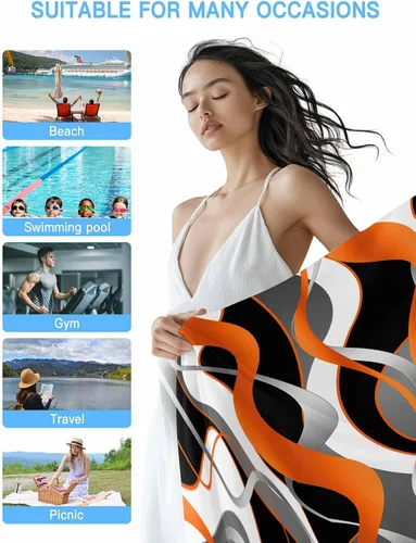 Vista 4 de Abstract Orange Black Gray White Line Beach Towel Oversized Pool Towels 31x63in,Quick Dry Absorbent Large Beach Blanket Soft Sand Free Bath Towel