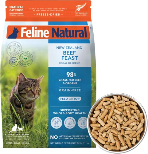 Vista 10 de Alimento para gatos seco de alta proteína Feline Natural, dieta liofilizada con 98% de carne, órganos y mariscos, sin guisantes, granos o aditivos