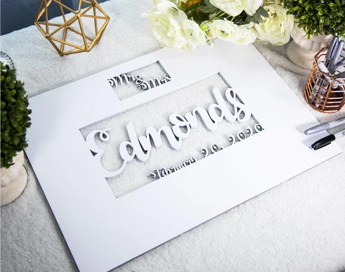 Vista 7 de Alternativa personalizada para libro de invitados de boda – Libro único de registro de boda con apellido cortado personalizado para recepción