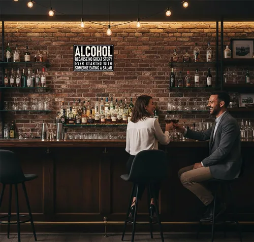 Vista 7 de Crazysign Letrero divertido de barra con texto en inglés "Alcohol Because No Great Story Ever Started with Someone Eating Salad Tin Salad Tin