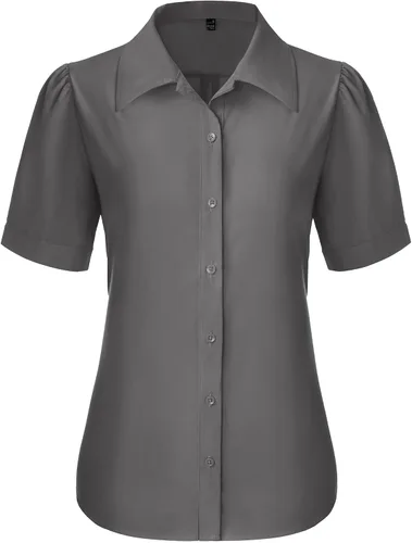 Vista 13 de Gleeivy Camisas de botones para mujer de manga corta abombada, camisas de vestir abotonadas con cuello ajustado, blusa superior de trabajo