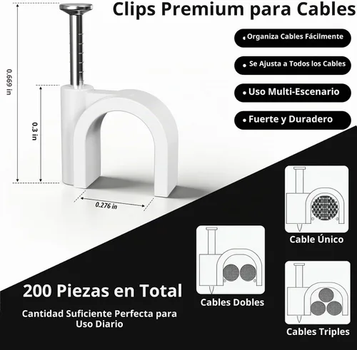 Vista 2 de 200 clips de cable de clavo, cables Ethernet, clips de pared, correas de cable, tachuelas con clip de cable para cable de altavoz, clip coaxial