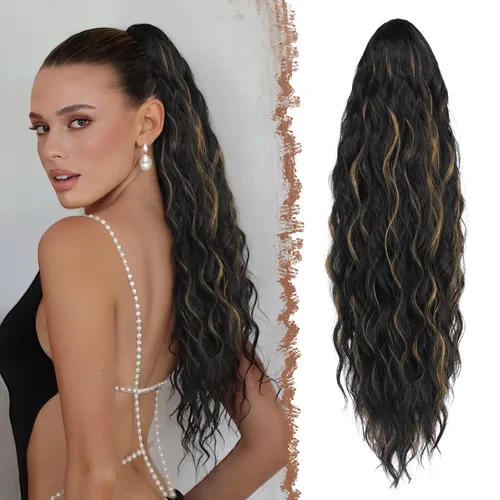 Vista 11 de FESHFEN Extensiones de cola de caballo – 26 pulgadas cordón largo rizado ondulado clip en colas de caballo pelo sintético extensiones de cola
