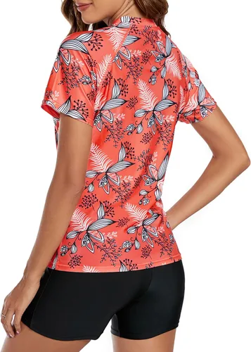 Vista 3 de Tournesol Women's Two Piece Rash Guard Short Sleeve UPF 50+ Swim Shirt Bulit in Bra Swimsuit with Boyshorts Bottoms