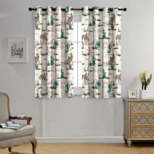 Vista 4 de Cortinas opacas retro de vaquero occidental para dormitorio, estilo rústico, cactus, salvaje oeste, vaquero, paseo, caballo, con ojales, aislamiento