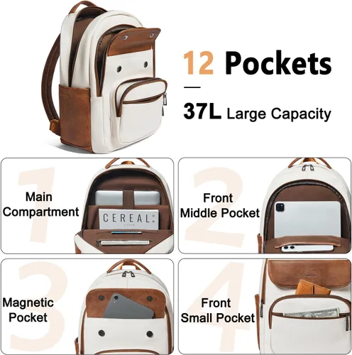 Vista 4 de Leresas Mochila de 37L para mujeres y hombres, bolsa de profesor, mochila de viaje de trabajo, mochila de cuero vegano para computadora portátil