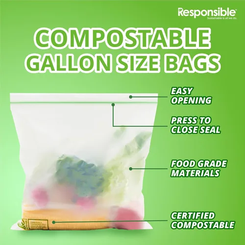 Vista 3 de Responsible Products Bolsa con cremallera resellable de gran galón compostable certificada, bolsas de alimentos extra resistentes, hechas