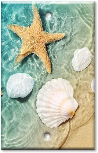 Vista 14 de Art Plates - Placa de interruptor de combinación de dos bandas - Toma de corriente - Palanca - Conchas de mar y peces estrella en piscina de mareas