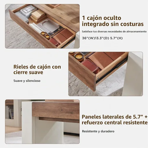 Vista 6 de OKD Mesa de café de 48" moderna estilo casa de campo, mesa de madera para sala de estar con cajón de almacenamiento oculto, mesas centrales