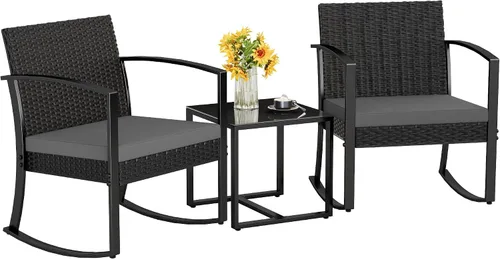 Vista 10 de Homall - Juego de muebles de patio de 3 piezas de resina para uso en exteriores - Juego de bistró con sillas de columpio acolchadas y mesa para Negro