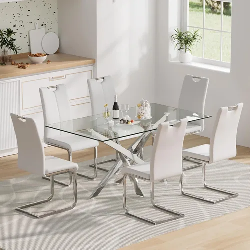 Vista 29 de Juego de mesa de comedor de cristal para 4, juego de mesa de cocina moderno de 5 piezas 52''Rectangular Glass Dining Set with 4 PU Leather