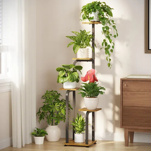 Vista 13 de LASZOLA Soporte para plantas de 5 niveles alto de madera y metal para interiores para macetas de servicio pesado, estante vertical grande