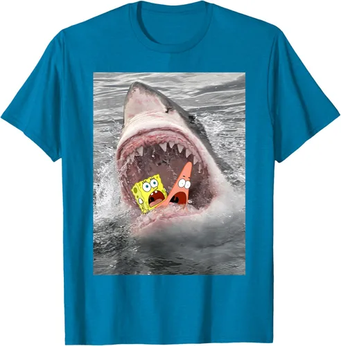 Vista 6 de Camiseta divertida de Bob Esponja con diseño de tiburón y ataque de tiburón para hombres y mujeres Negro