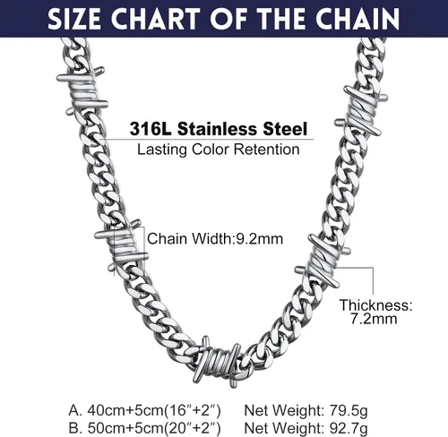 Vista 6 de Bandmax Barbed Wire Cuban Necklace for Women Men Stainless SteelBlack Gothic Thorns Skull Choker Necklace Bracelet Punk Jewelry -Gift Packed