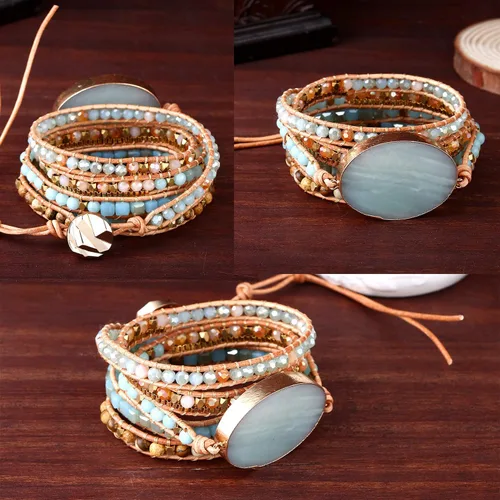 Vista 3 de Pulsera de cuero hecha a mano con cuentas de cristal natural, estilo bohemio, Adjustable, piedra natural