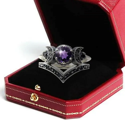 Vista 3 de Anillo Dios de triple luna, anillo de amatista roja, regalos de joyería para mujeres y niñas, fases lunares, bohemio, gitano, joyería de festival