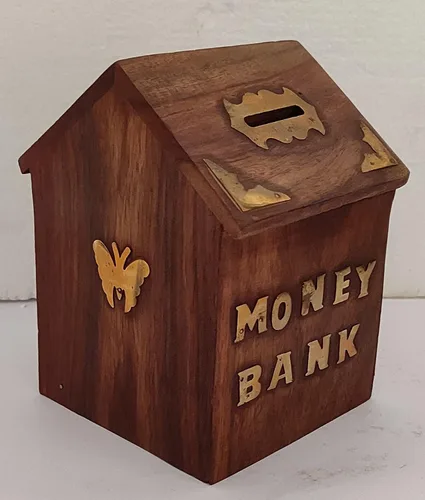 Vista 2 de Sharvgun Banco de dinero de madera en forma de casa con forma de alcancía, caja de almacenamiento de ahorro de monedas para niñas y niños 5.5 x 4
