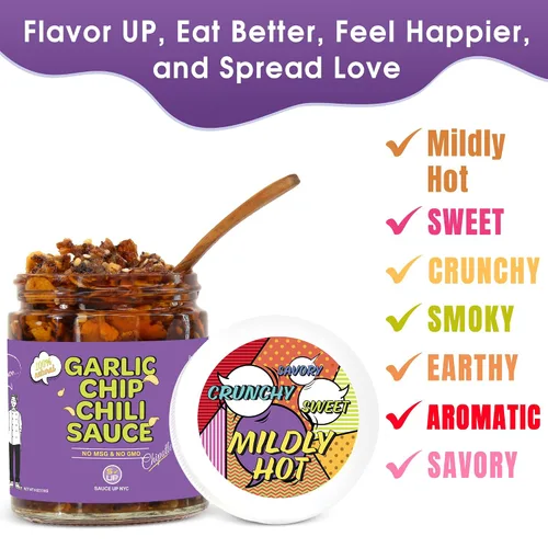 Vista 4 de SAUCE UP Salsa de chile con chispas de ajo Sabor Chipotle Totalmente natural, Keto, sin gluten, sin MSG Ajo frito, chiles mexicanos
