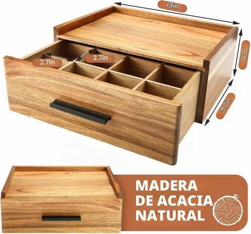 Vista 3 de Organizador de bolsas de té de madera de acacia con cajón, caja
