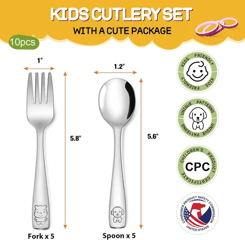 Vista 2 de VITEVER Utensilios para Niños Pequeños de 10 Piezas, Juego de Cubiertos de Acero Inoxidable para Niños, Tenedores y Cucharas Seguros para Niños