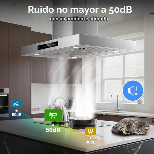 Vista 6 de Campana extractora de isla de 36 pulgadas, montaje en techo de 1200 CFM con detección de gestos de 4 velocidades y control táctil, campana