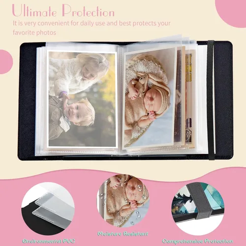 Vista 3 de Álbum de fotos de 4 x 6 pulgadas, capacidad para 60 fotos, cubierta de piel sintética, álbum de fotos con banda elástica fuerte, álbum de fotos
