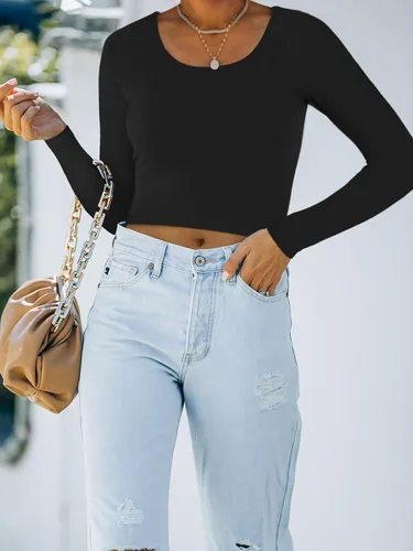 Vista 4 de REORIA Camiseta básica de manga larga con cuello redondo y doble forro para mujer