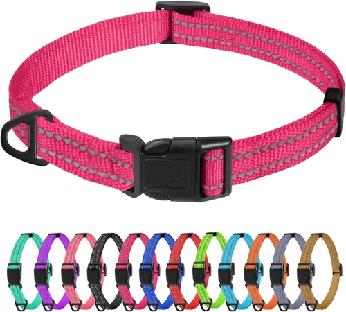 Vista 28 de TagME Collares de nailon reflectantes para perros, collar ajustable clásico para mascotas con hebilla de liberación rápida para cachorros, rosa Rosa