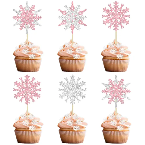 Vista 20 de Gyufise 24 piezas de copos de nieve Oh Baby Cupcake Toppers Glitter Winter Frozen Baby Shower Cupcake Picks para invierno, país de las maravillas
