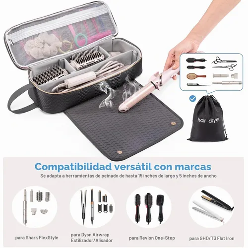 Vista 4 de Bolsa de Viaje 2EN1 para Herramientas para el Cabello con Alfombrilla Resistente al Calor para Shark Flexstyle, Planchas Planas, Alisadores Negro