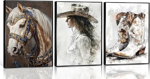 Vista 15 de 2 piezas de arte de pared enmarcado de vaquera occidental con sombrero chica vaquera y caballo, impresión en lienzo, póster, pintura al óleo