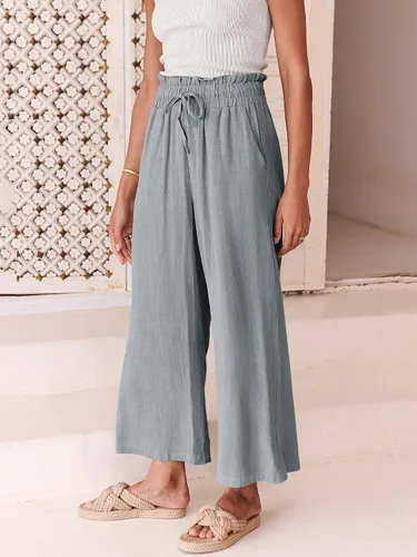 Vista 8 de ANRABESS Pantalones de lino para mujer, estilo casual, holgados, cintura alta, cordón de pierna ancha, pantalones capri palazzo con bolsillos