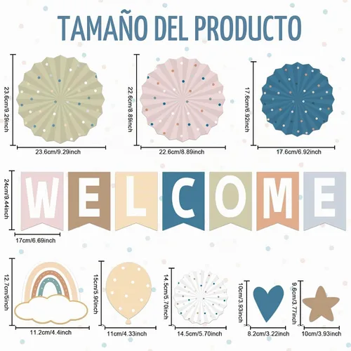 Vista 2 de Juego de 67 tablones de anuncios de bienvenida Simply Boho para aula, tablero de anuncios de arcoíris, decoración de aula, abanicos de papel