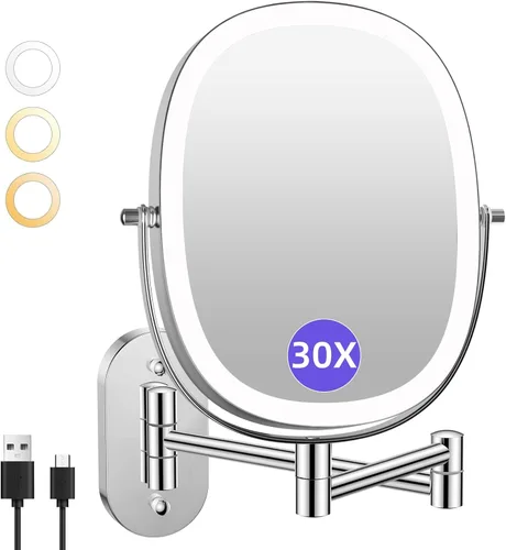 Vista 8 de FUNTOUCH Espejo de Maquillaje Montado en la Pared Iluminado 30X/1X, Espejo de Aumento de Baño Recargable de Doble Cara de 5000mAh, Modos de 3 30